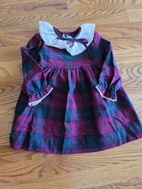 Vintage Burgundy & Forest Green Plaid Dress with White Collar